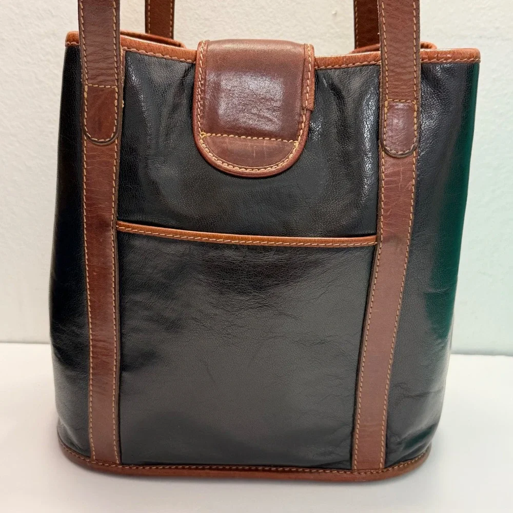 Vintage Brahmin Black Brown Leather Bucket Bag‎ Shoulder Bag USA Made Gold Logo